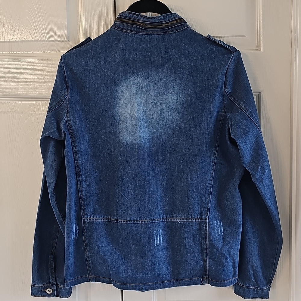 NWOT JEANS Women's Jean Jacket Multiple Pockets Zip Elastic Waist Distressed L - Picture 4 of 16